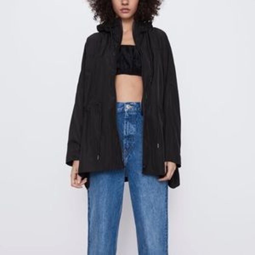 ZARA Oversized Hooded Full Zip Black Packable Water Repellent Raincoat